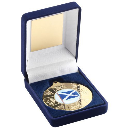 Well Done Medal Blue Velvet Box Gold 50mm Trophy Award 3.5in FREE Engraving 